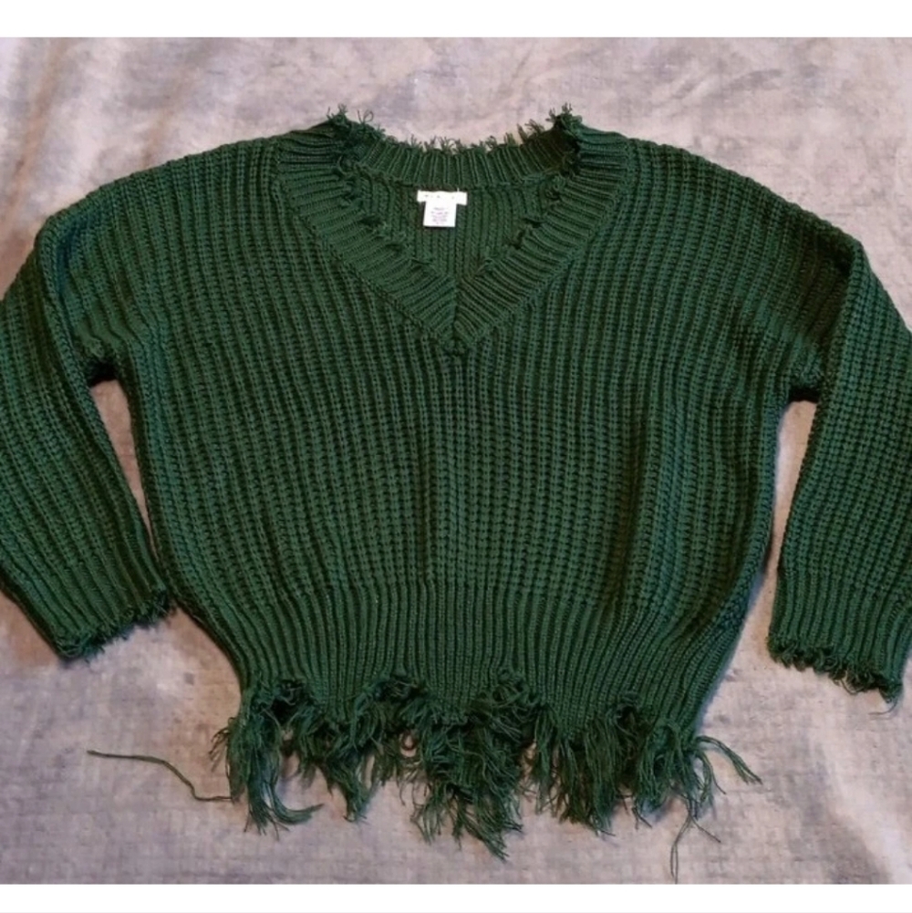 Mossy Fall Fairy Grunge Knit Forest Green V Neck Sweater Frayed Fringe Medium